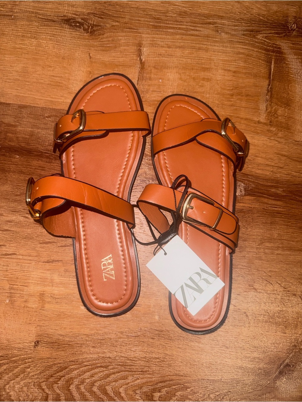 NWT Zara Brown Tan Leather Double Strap Buckle Sandals